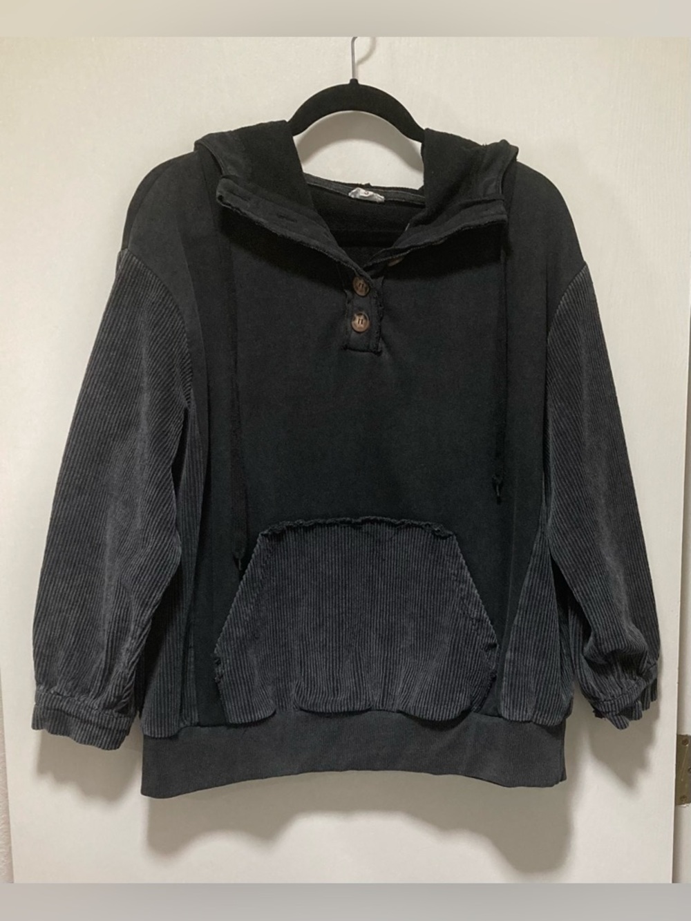 POL Charcoal and Black Mixed Fabric Hoodie with Button Placket